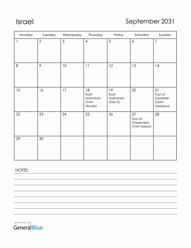 September 2031 Israel Calendar with Holidays (Monday Start)