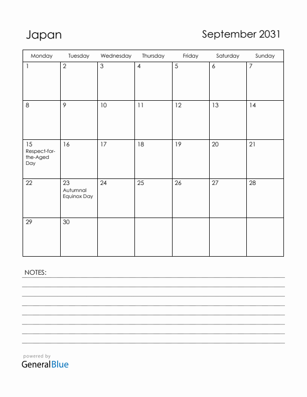 September 2031 Japan Calendar with Holidays (Monday Start)