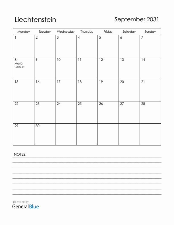 September 2031 Liechtenstein Calendar with Holidays (Monday Start)