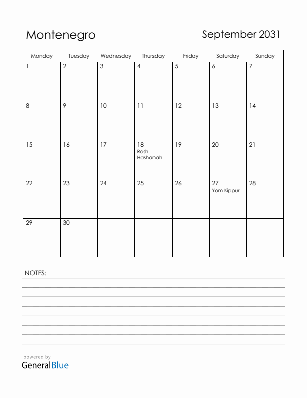September 2031 Montenegro Calendar with Holidays (Monday Start)