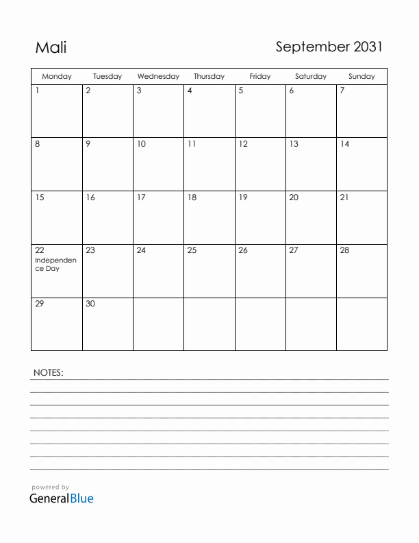 September 2031 Mali Calendar with Holidays (Monday Start)