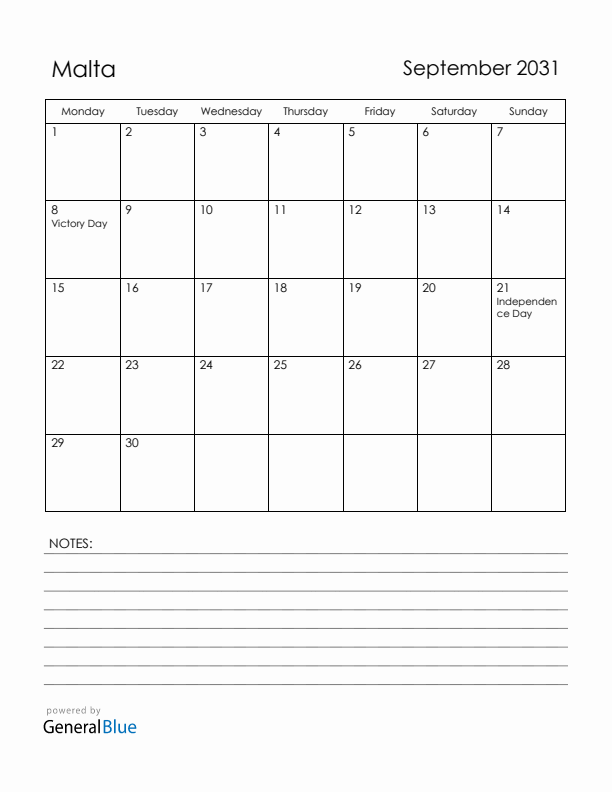 September 2031 Malta Calendar with Holidays (Monday Start)