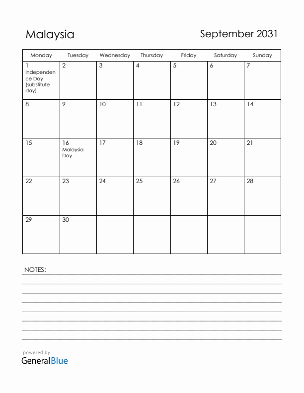 September 2031 Malaysia Calendar with Holidays (Monday Start)