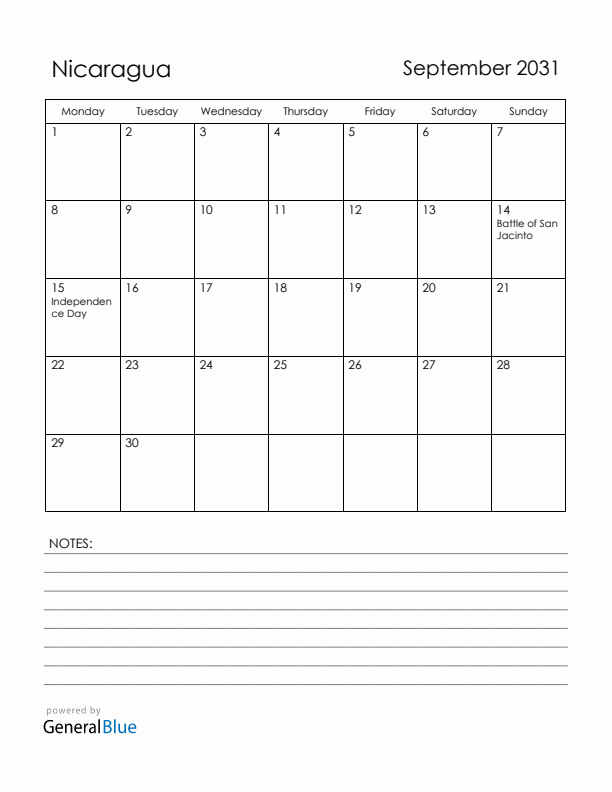 September 2031 Nicaragua Calendar with Holidays (Monday Start)