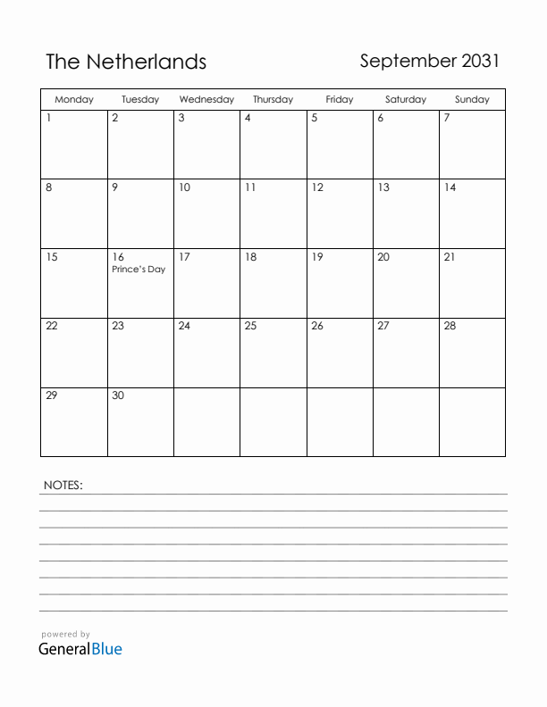 September 2031 The Netherlands Calendar with Holidays (Monday Start)