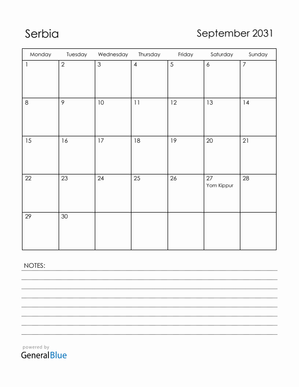 September 2031 Serbia Calendar with Holidays (Monday Start)