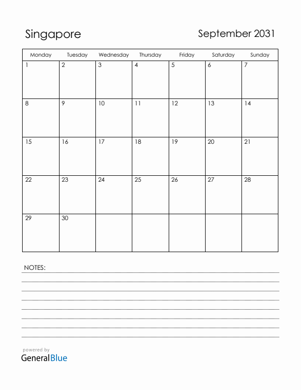 September 2031 Singapore Calendar with Holidays (Monday Start)