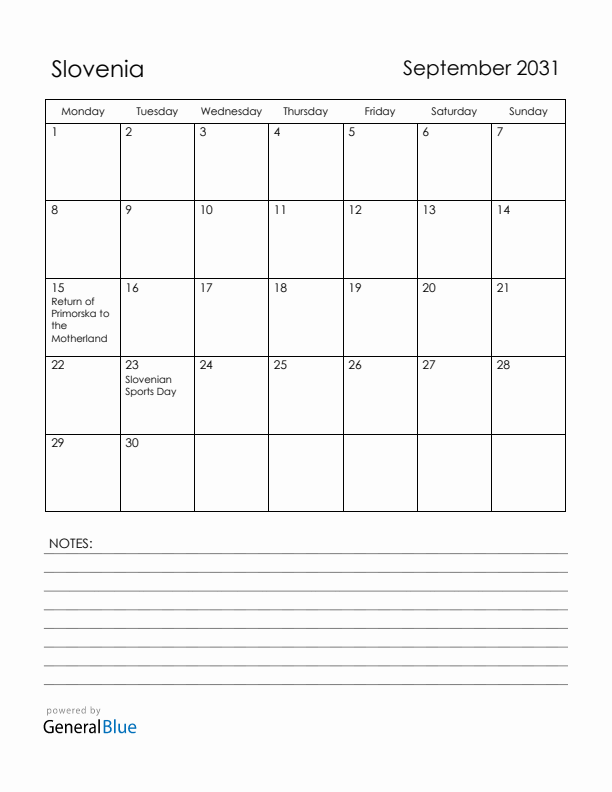 September 2031 Slovenia Calendar with Holidays (Monday Start)