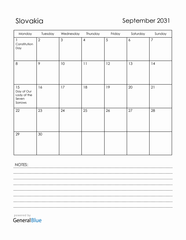 September 2031 Slovakia Calendar with Holidays (Monday Start)