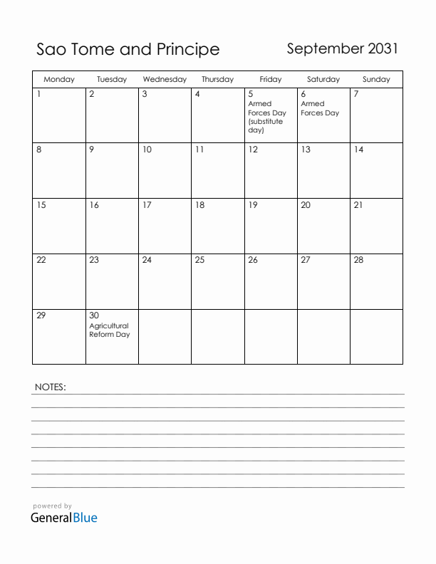September 2031 Sao Tome and Principe Calendar with Holidays (Monday Start)