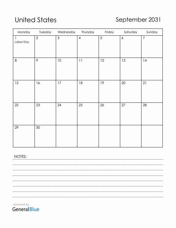September 2031 United States Calendar with Holidays (Monday Start)