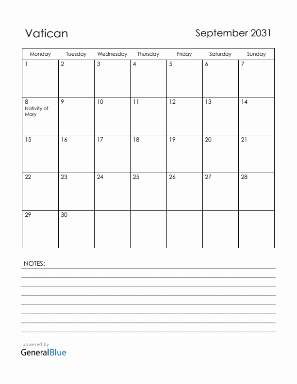 September 2031 Vatican Calendar with Holidays (Monday Start)