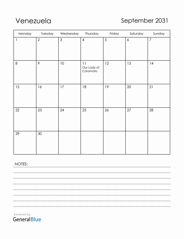 September 2031 Venezuela Calendar with Holidays (Monday Start)