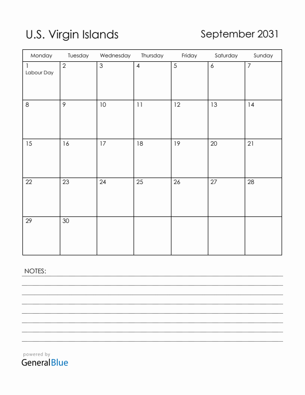 September 2031 U.S. Virgin Islands Calendar with Holidays (Monday Start)
