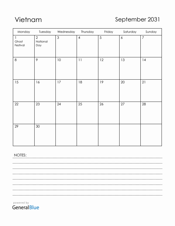 September 2031 Vietnam Calendar with Holidays (Monday Start)