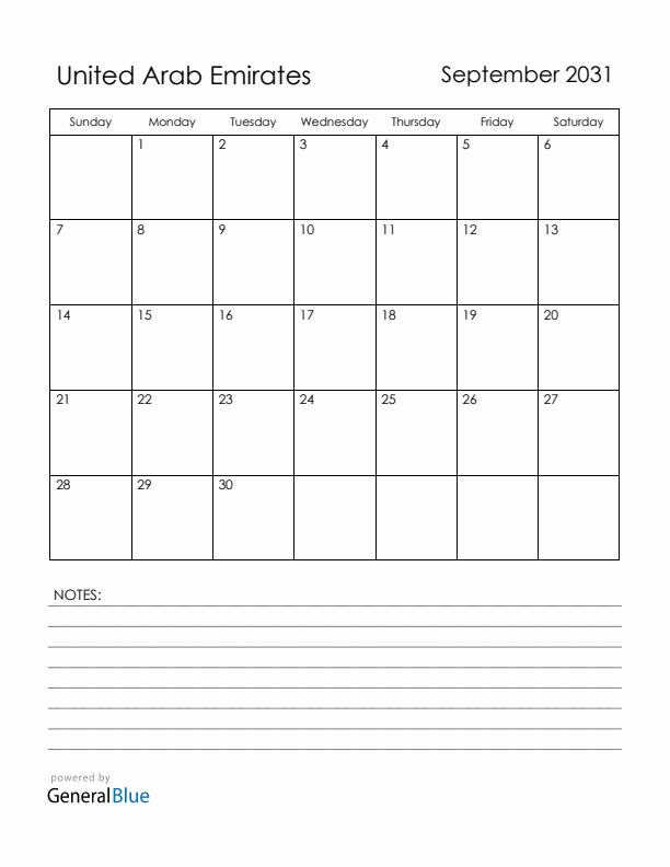 September 2031 United Arab Emirates Calendar with Holidays (Sunday Start)