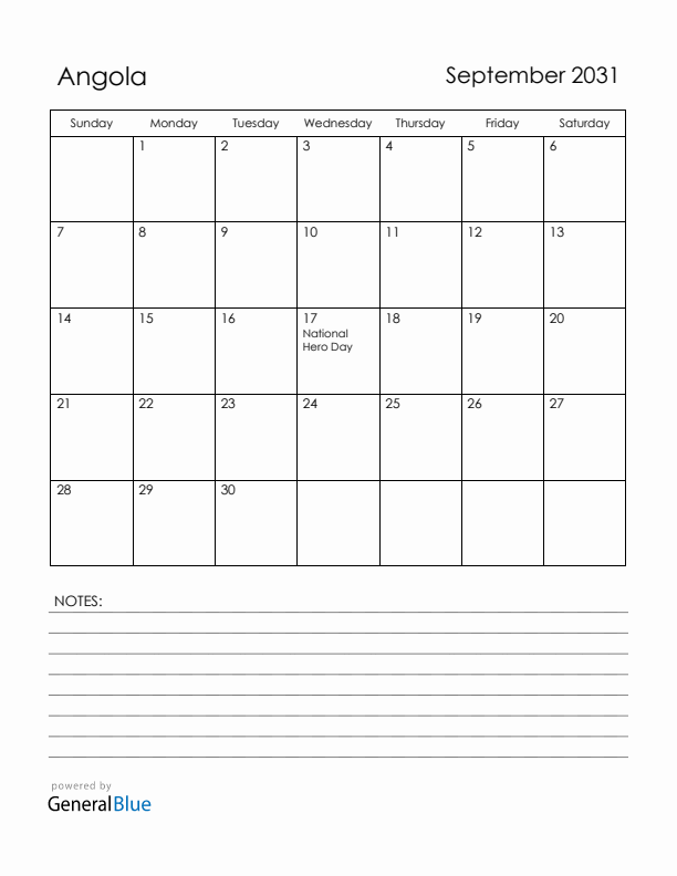 September 2031 Angola Calendar with Holidays (Sunday Start)