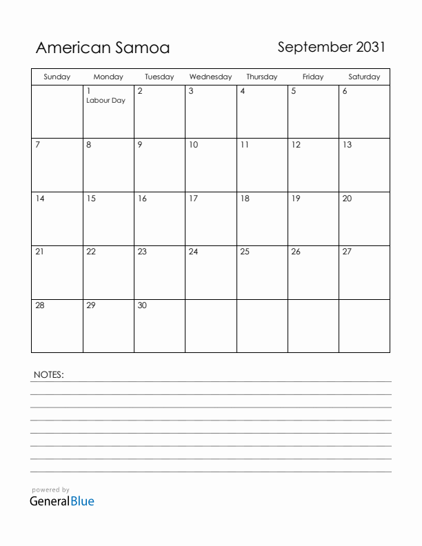 September 2031 American Samoa Calendar with Holidays (Sunday Start)