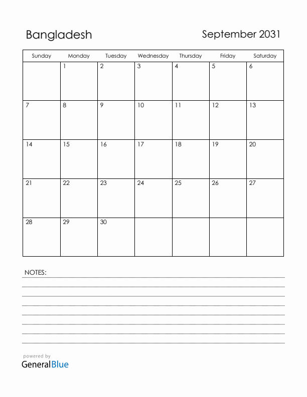 September 2031 Bangladesh Calendar with Holidays (Sunday Start)