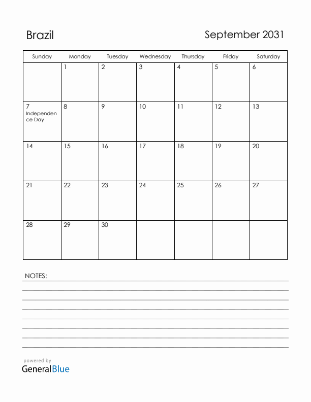 September 2031 Brazil Calendar with Holidays (Sunday Start)