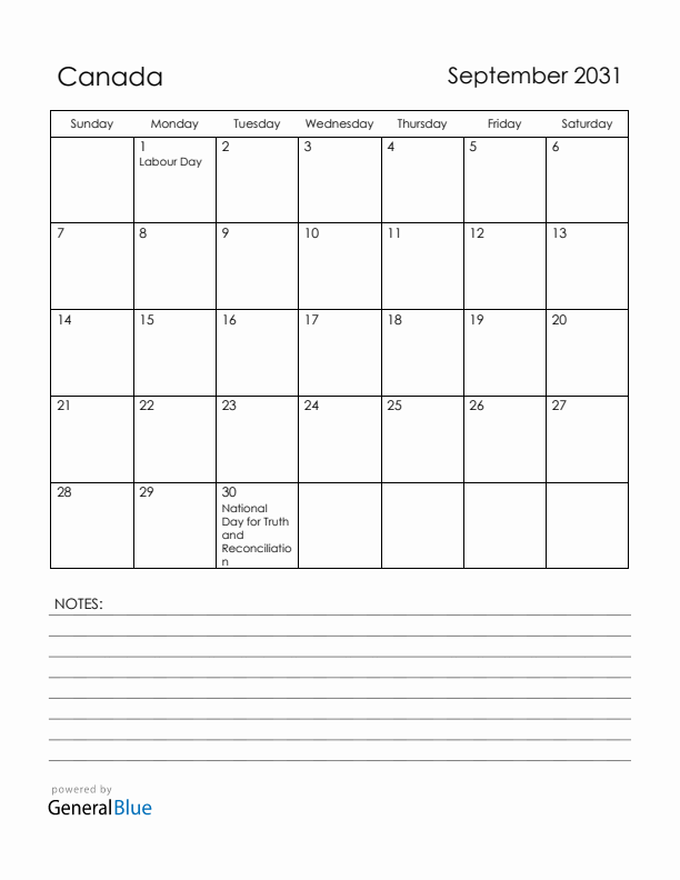 September 2031 Canada Calendar with Holidays (Sunday Start)
