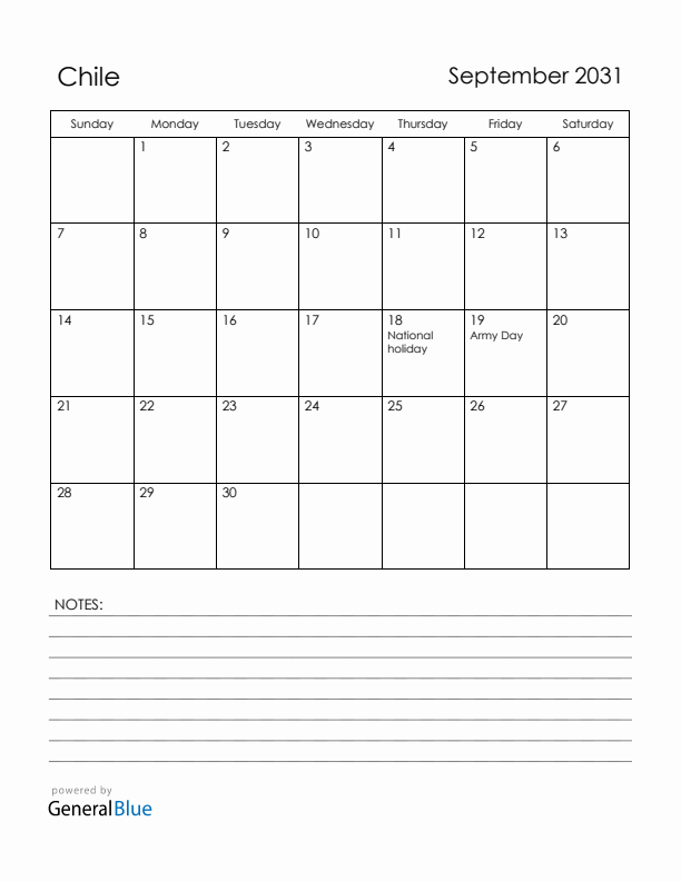 September 2031 Chile Calendar with Holidays (Sunday Start)