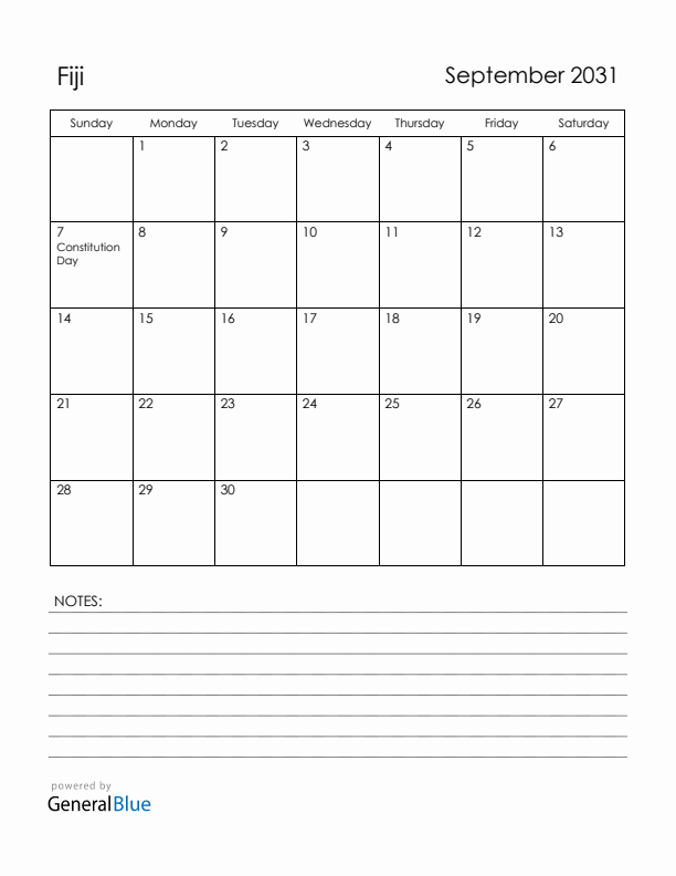September 2031 Fiji Calendar with Holidays (Sunday Start)