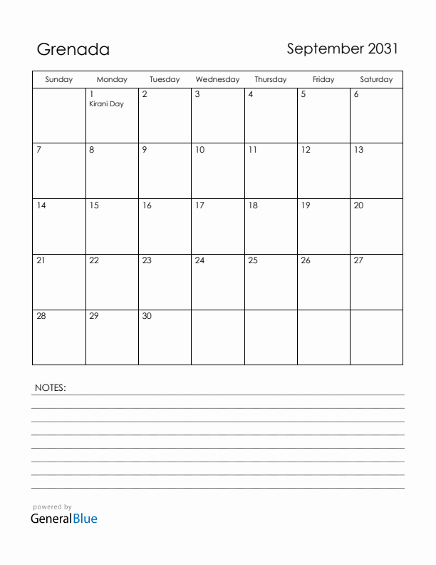 September 2031 Grenada Calendar with Holidays (Sunday Start)