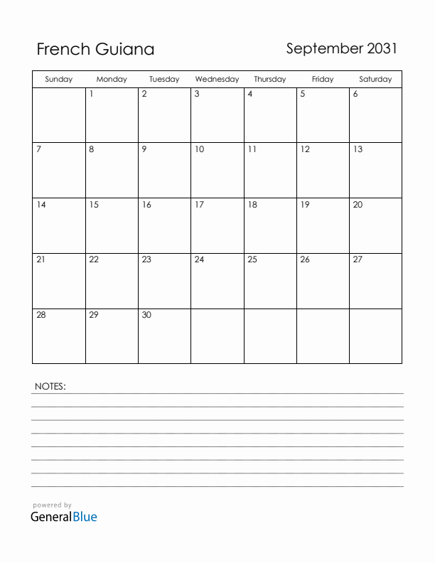 September 2031 French Guiana Calendar with Holidays (Sunday Start)