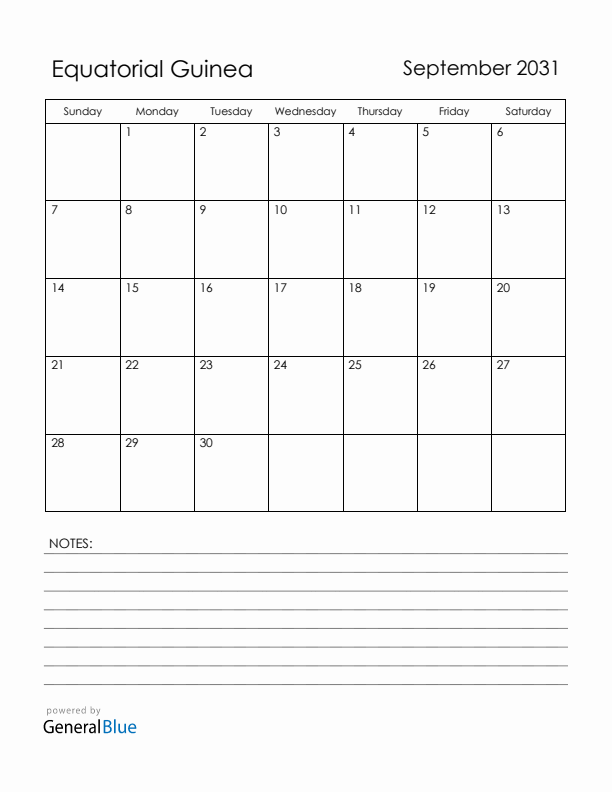 September 2031 Equatorial Guinea Calendar with Holidays (Sunday Start)