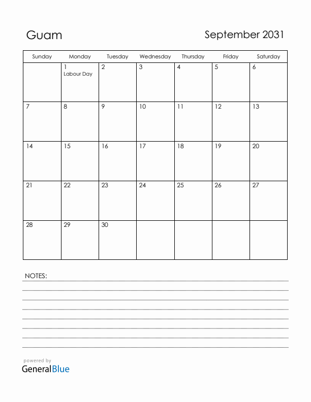 September 2031 Guam Calendar with Holidays (Sunday Start)