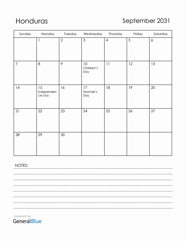 September 2031 Honduras Calendar with Holidays (Sunday Start)