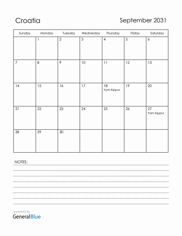 September 2031 Croatia Calendar with Holidays (Sunday Start)