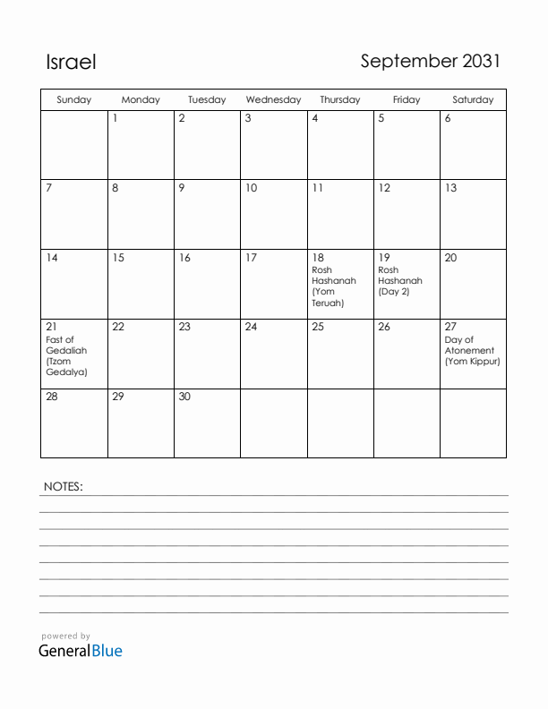 September 2031 Israel Calendar with Holidays (Sunday Start)