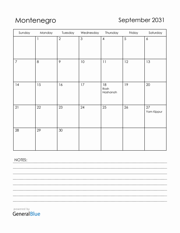 September 2031 Montenegro Calendar with Holidays (Sunday Start)
