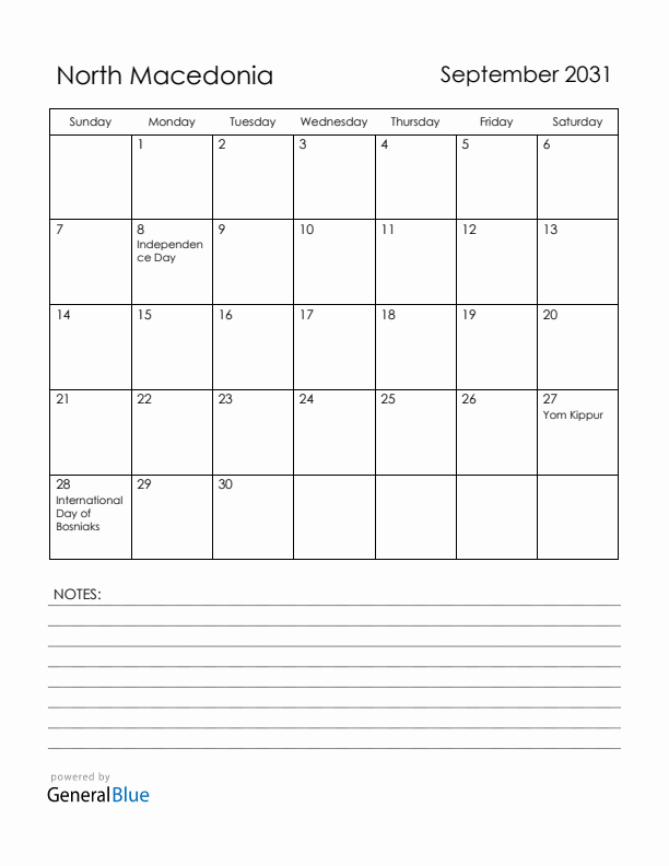 September 2031 North Macedonia Calendar with Holidays (Sunday Start)