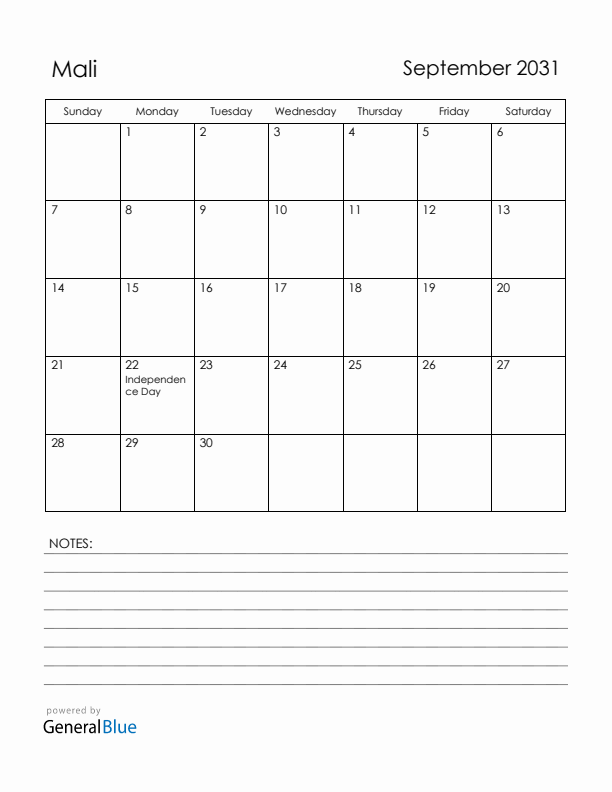 September 2031 Mali Calendar with Holidays (Sunday Start)