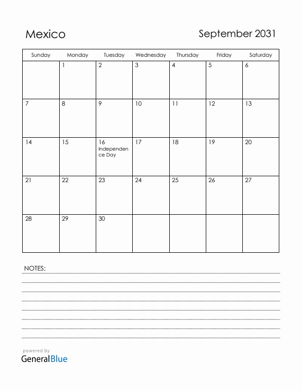 September 2031 Mexico Calendar with Holidays (Sunday Start)