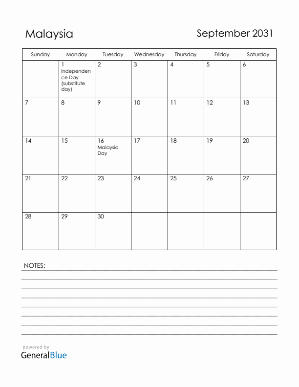 September 2031 Malaysia Calendar with Holidays (Sunday Start)