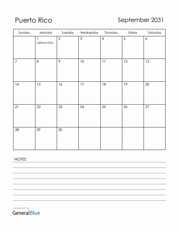September 2031 Puerto Rico Calendar with Holidays (Sunday Start)
