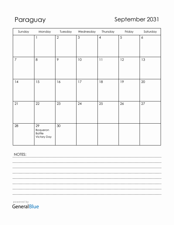 September 2031 Paraguay Calendar with Holidays (Sunday Start)