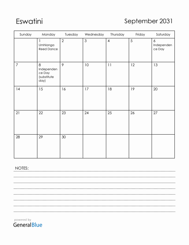 September 2031 Eswatini Calendar with Holidays (Sunday Start)