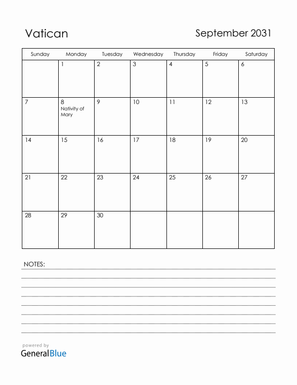 September 2031 Vatican Calendar with Holidays (Sunday Start)