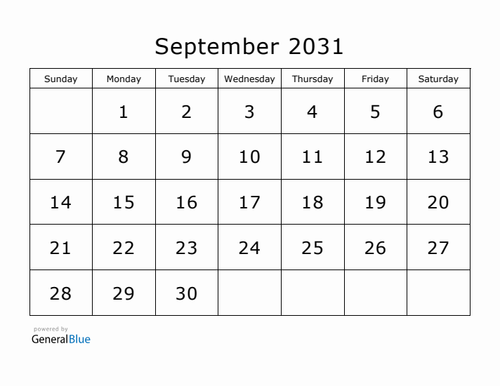 Printable September 2031 Calendar - Sunday Start