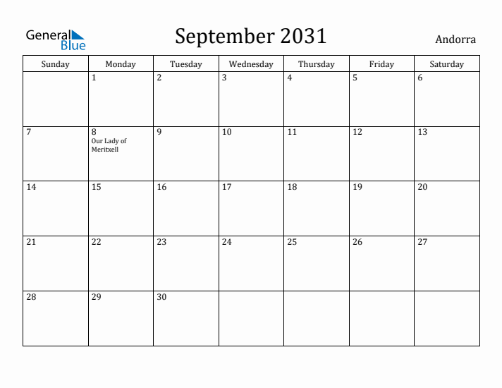September 2031 Calendar Andorra