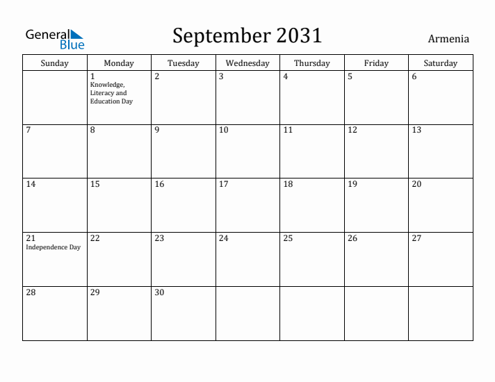 September 2031 Calendar Armenia