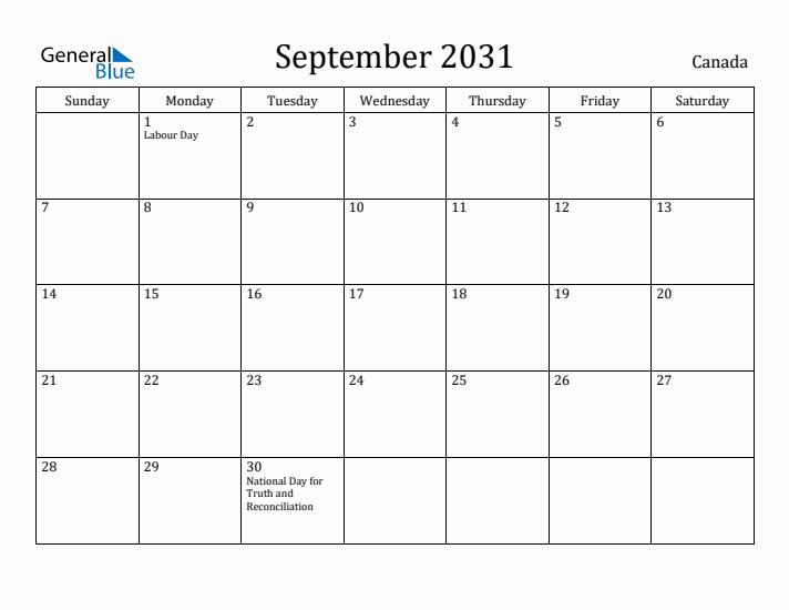 September 2031 Calendar Canada