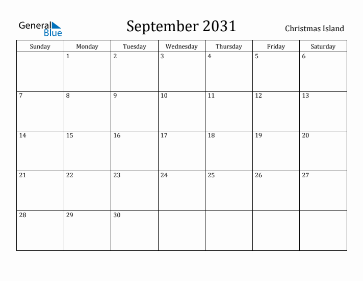 September 2031 Calendar Christmas Island