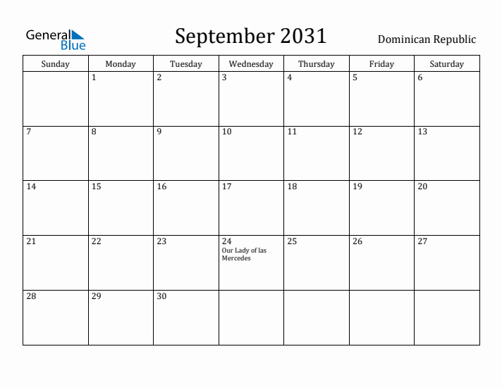 September 2031 Calendar Dominican Republic