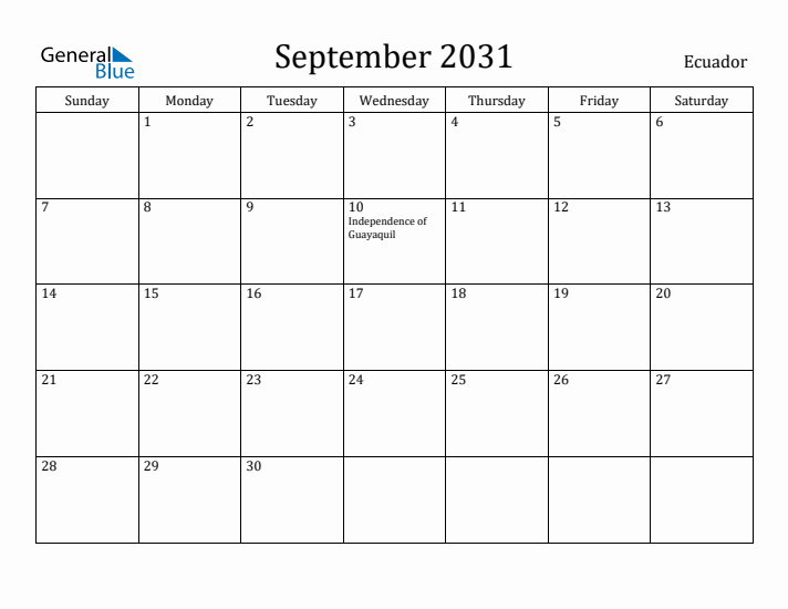 September 2031 Calendar Ecuador